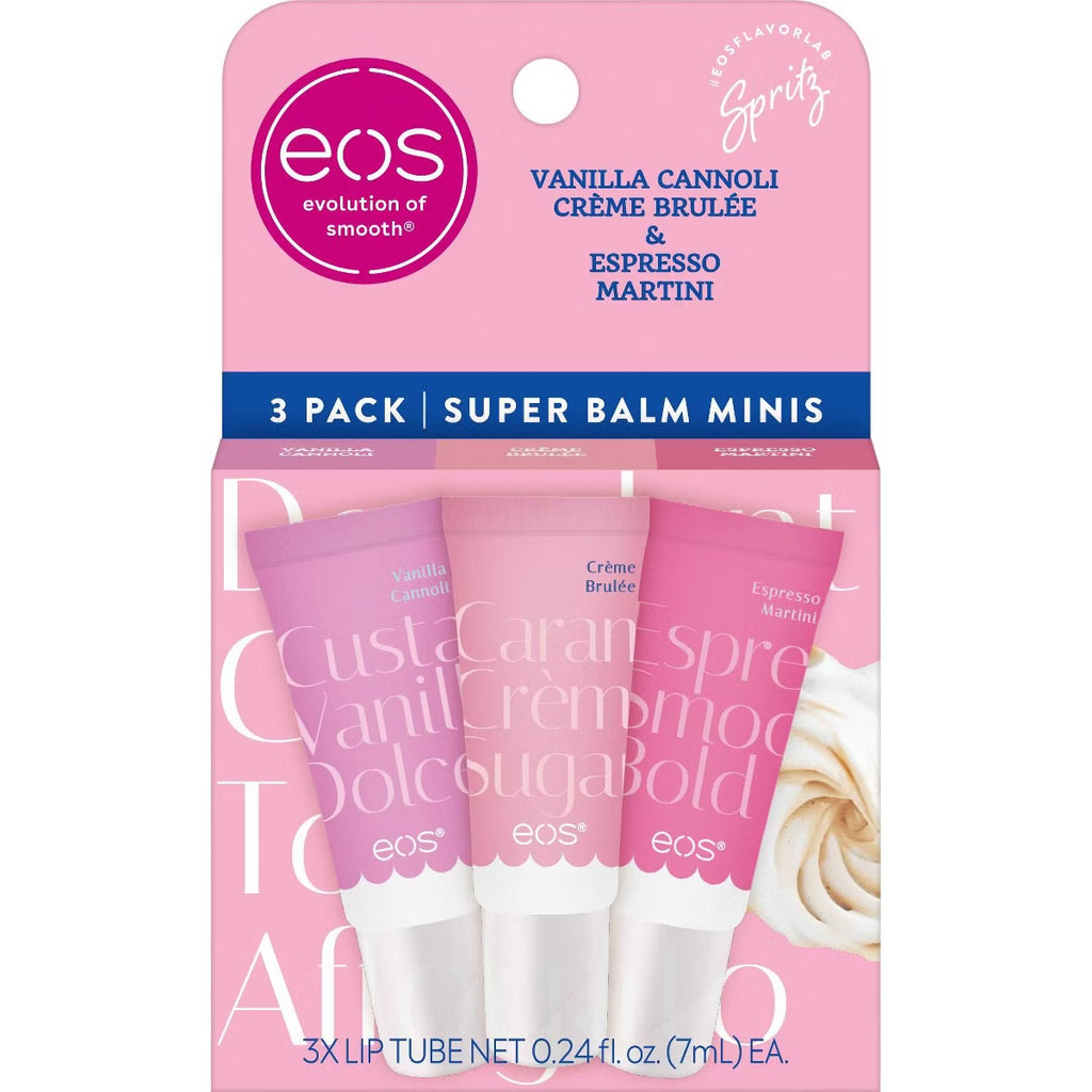 eos Limited Edition 24H Moisture Super Balm Minis – Vanilla Cannoli, Crème Brûlée & Espresso Martini