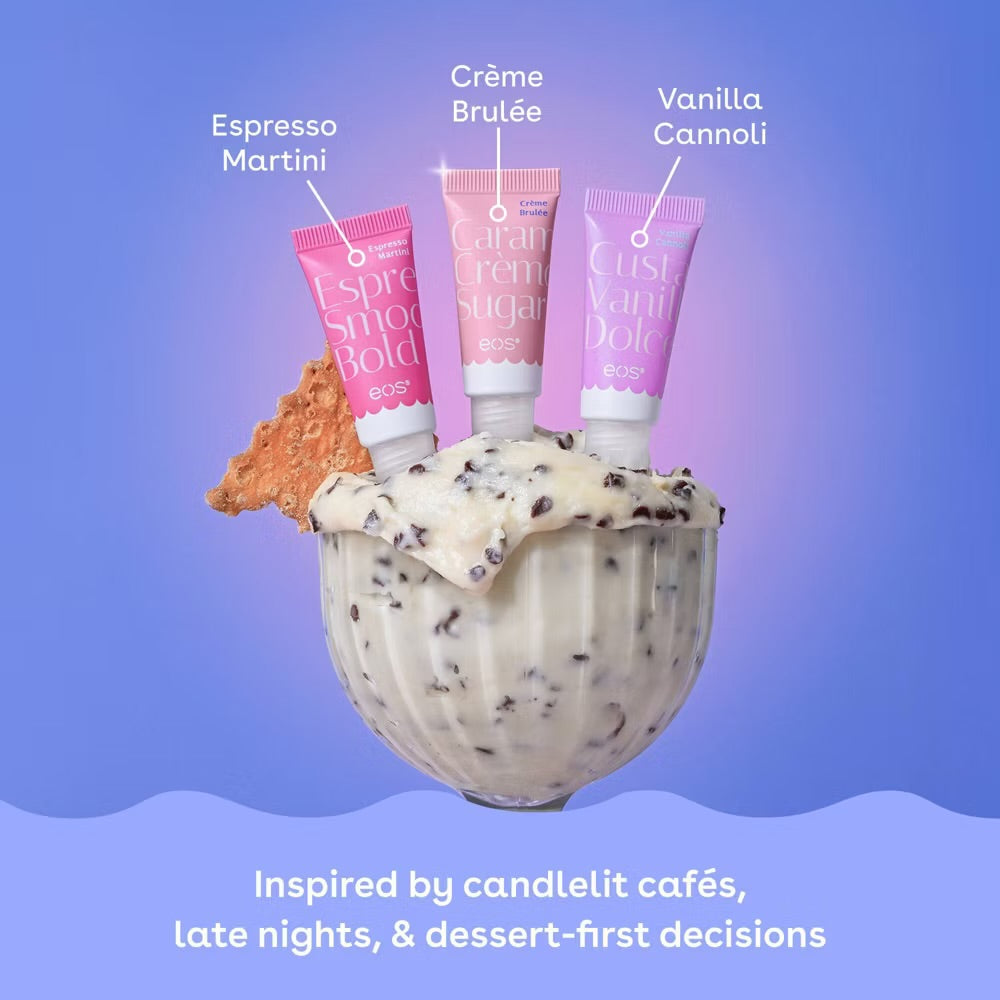 eos Limited Edition 24H Moisture Super Balm Minis – Vanilla Cannoli, Crème Brûlée & Espresso Martini