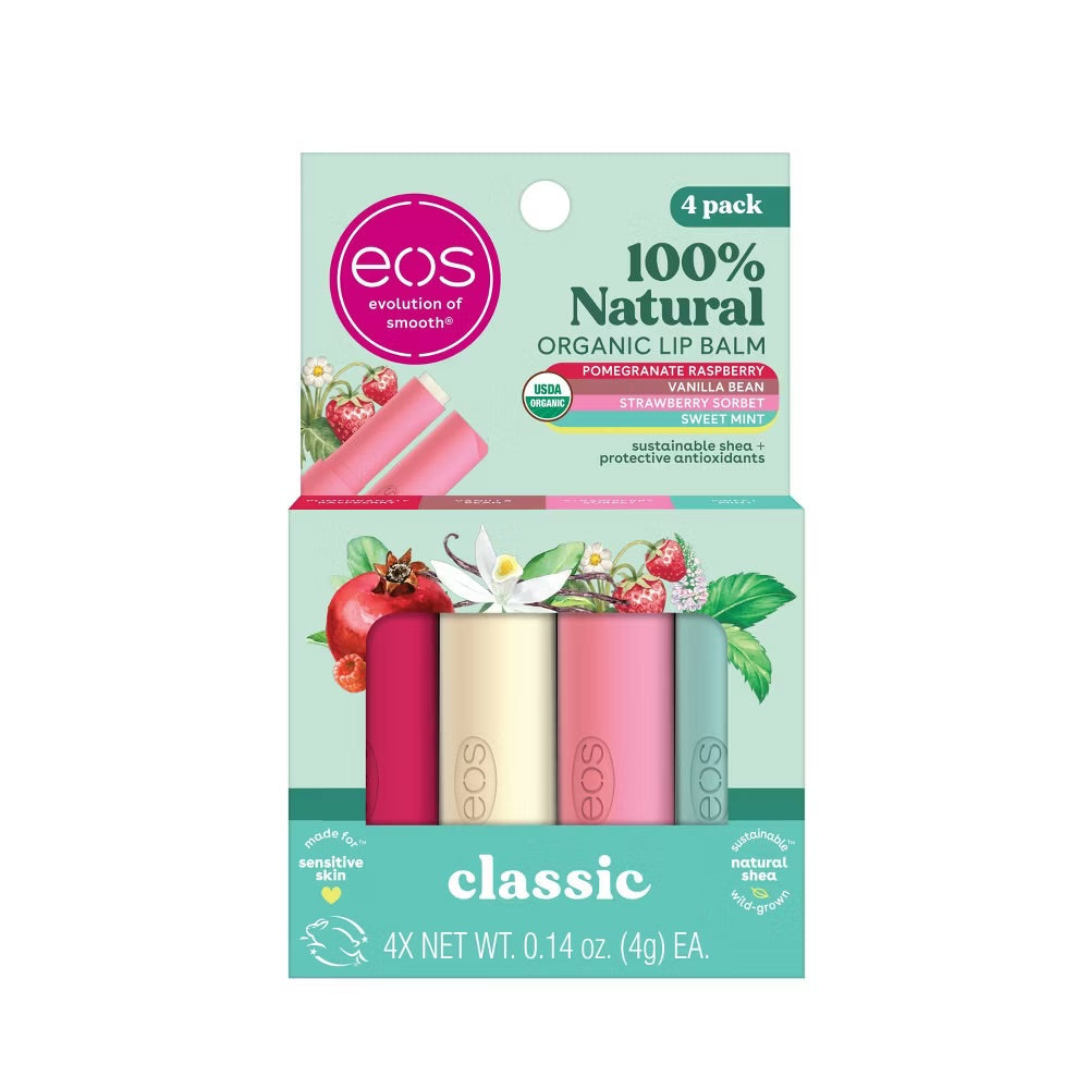 eos 100% Natural & Organic Lip Balm Variety Pack – Strawberry Sorbet, Pomegranate Raspberry, Sweet Mint & Vanilla Bean – 4 Pack